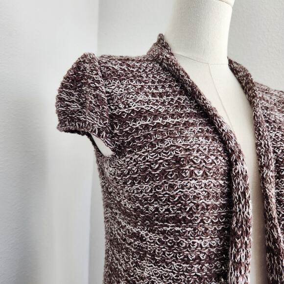 Y2K Mudd Knit Cap Sleeve Brown Longline Open Cardigan with Stud Pocket S - Picture 2 of 12